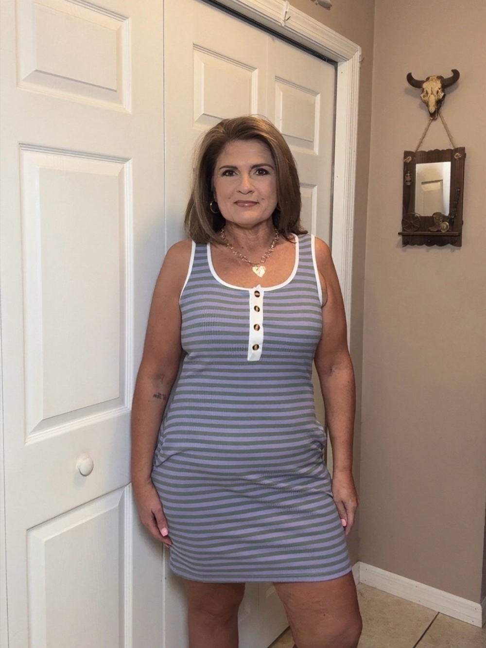 NWOT Ribbed Striped Henley Tank Mini Dress Purple Gray Size Large